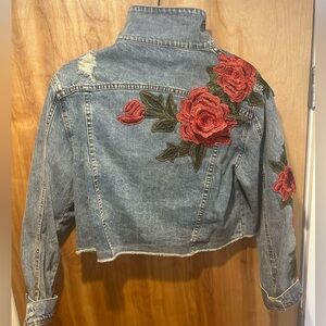 Jella Couture Jean Denim Distressed Cropped Jacket Embroidered Roses